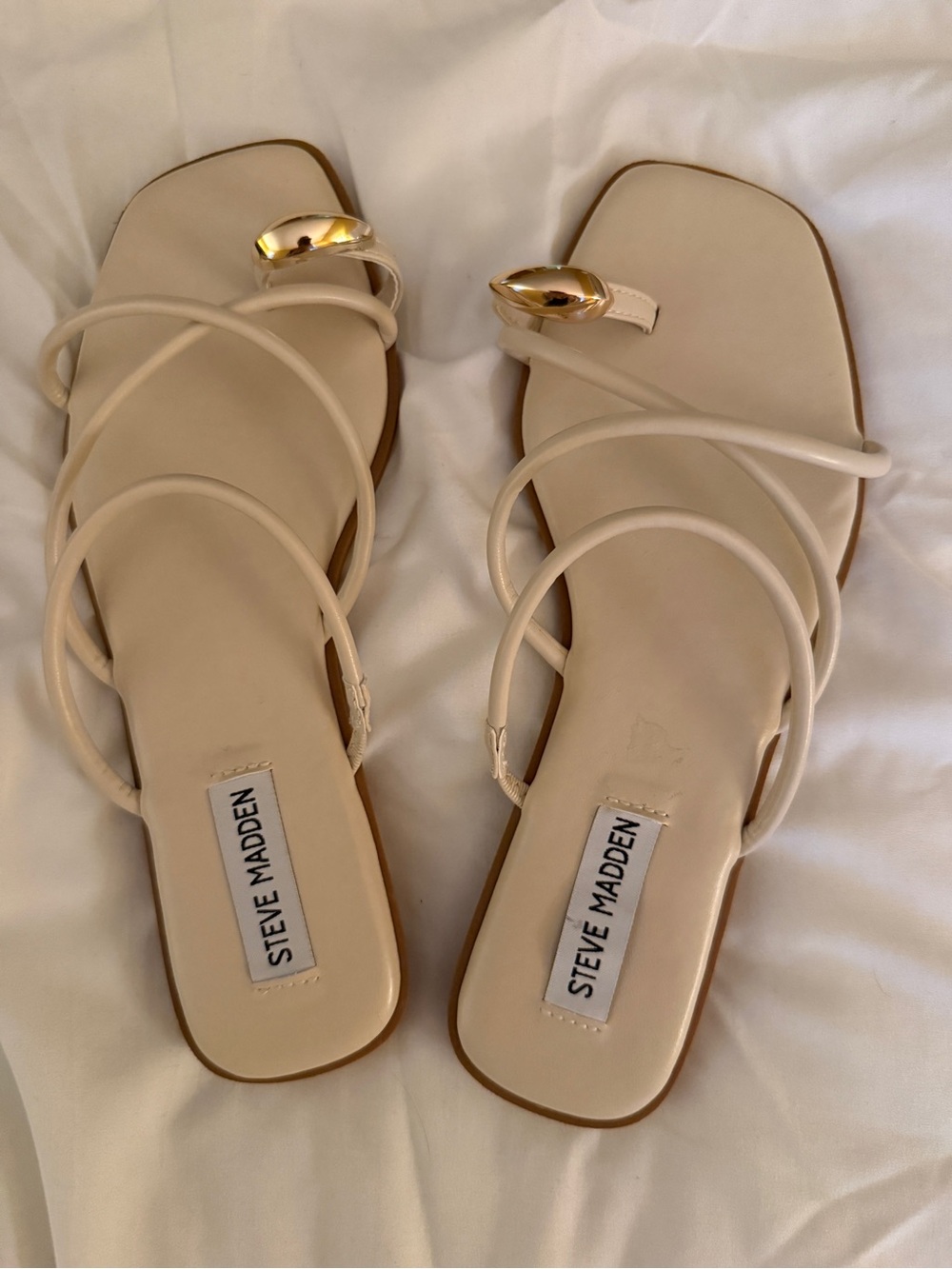 Steve Madden Cream Strappy Slide Sandals with Gold Accent